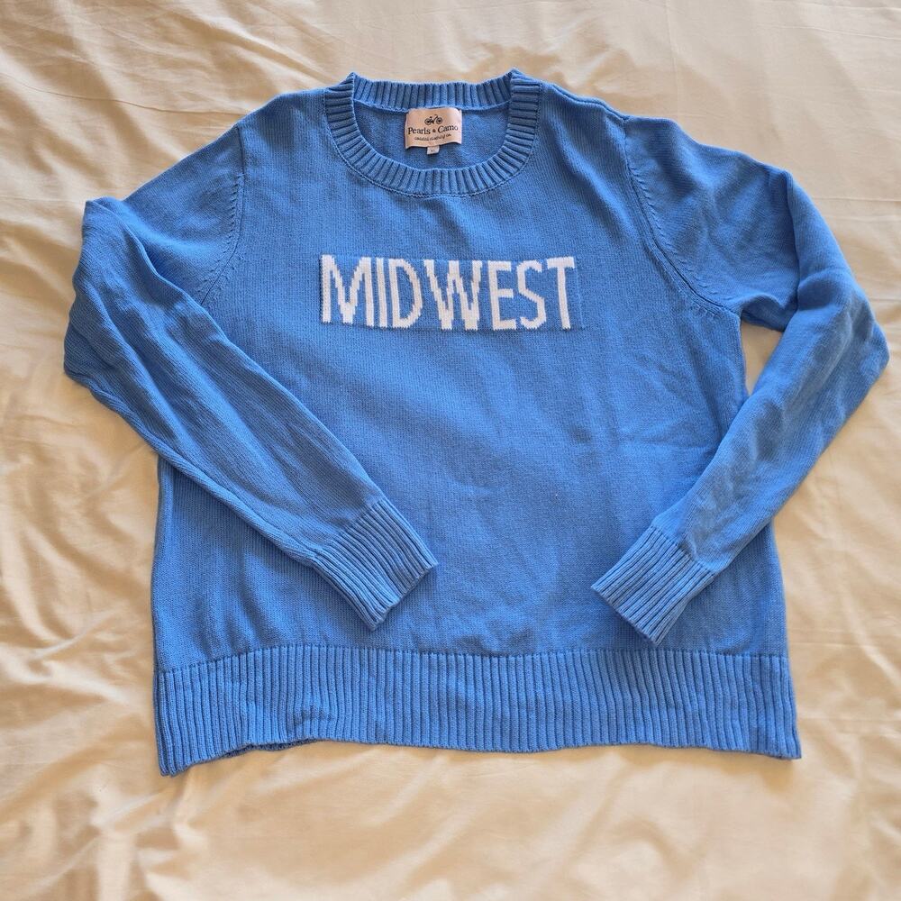 Women's Pearls & Camo crewneck sweater periwinkle blue MIDWEST logo size XL EUC